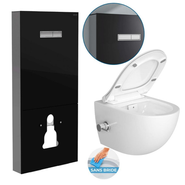 Pack WC Bâti support en verre trempé/aluminium brossé avec plaque intégrée, Noir + WC sans bride SAT, fonction bidet