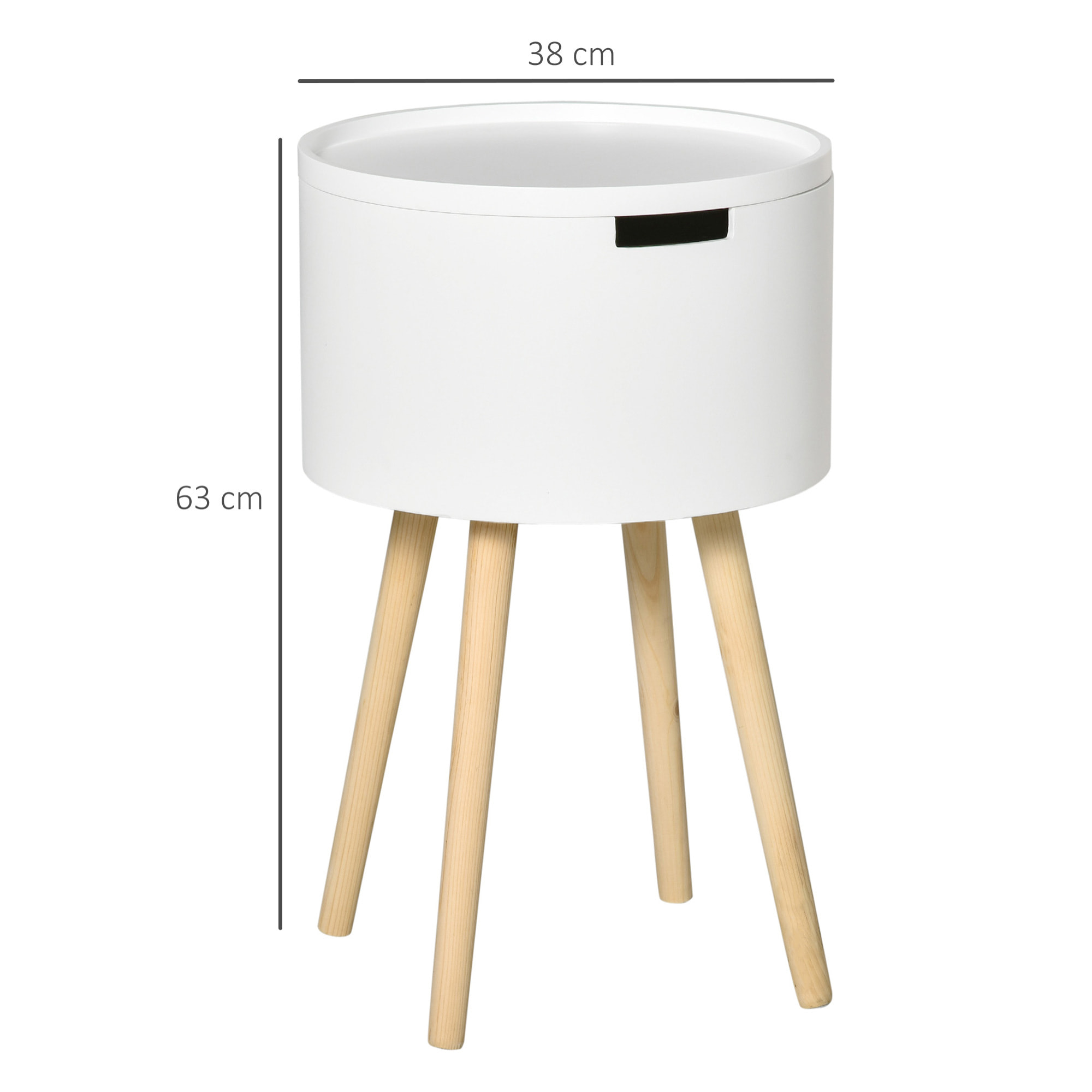 HOMCOM Mesa Auxiliar de Salón Moderna Mesita de Noche con Tapa Extraíble Espacio de Almacenamiento y Patas de Madera para Dormitorio Sofá Esquina Ø38x63 cm Blanco