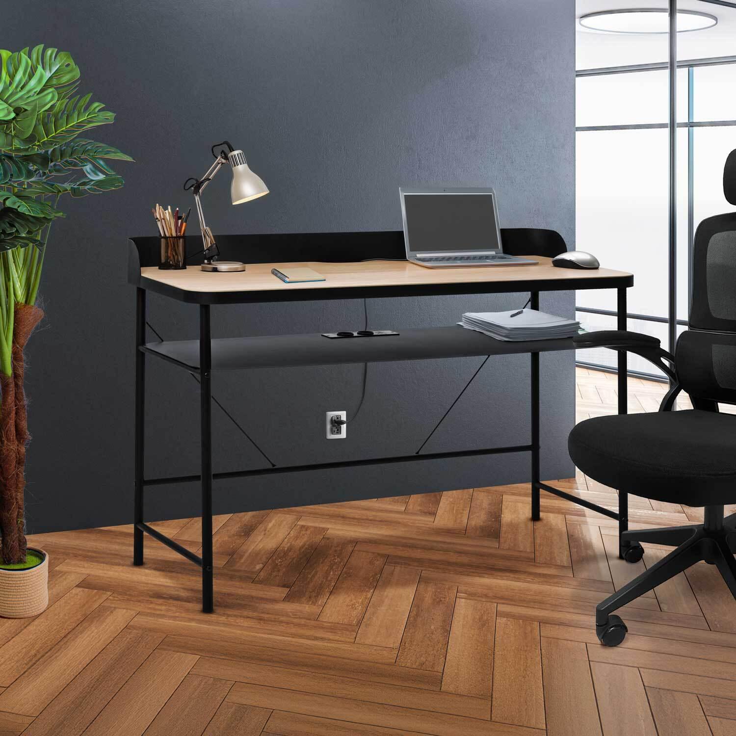 Hariyang - Scrivania in metallo con ripiano in legno 120x50 cm dotata di 2 prese shuko e 2 porte USB