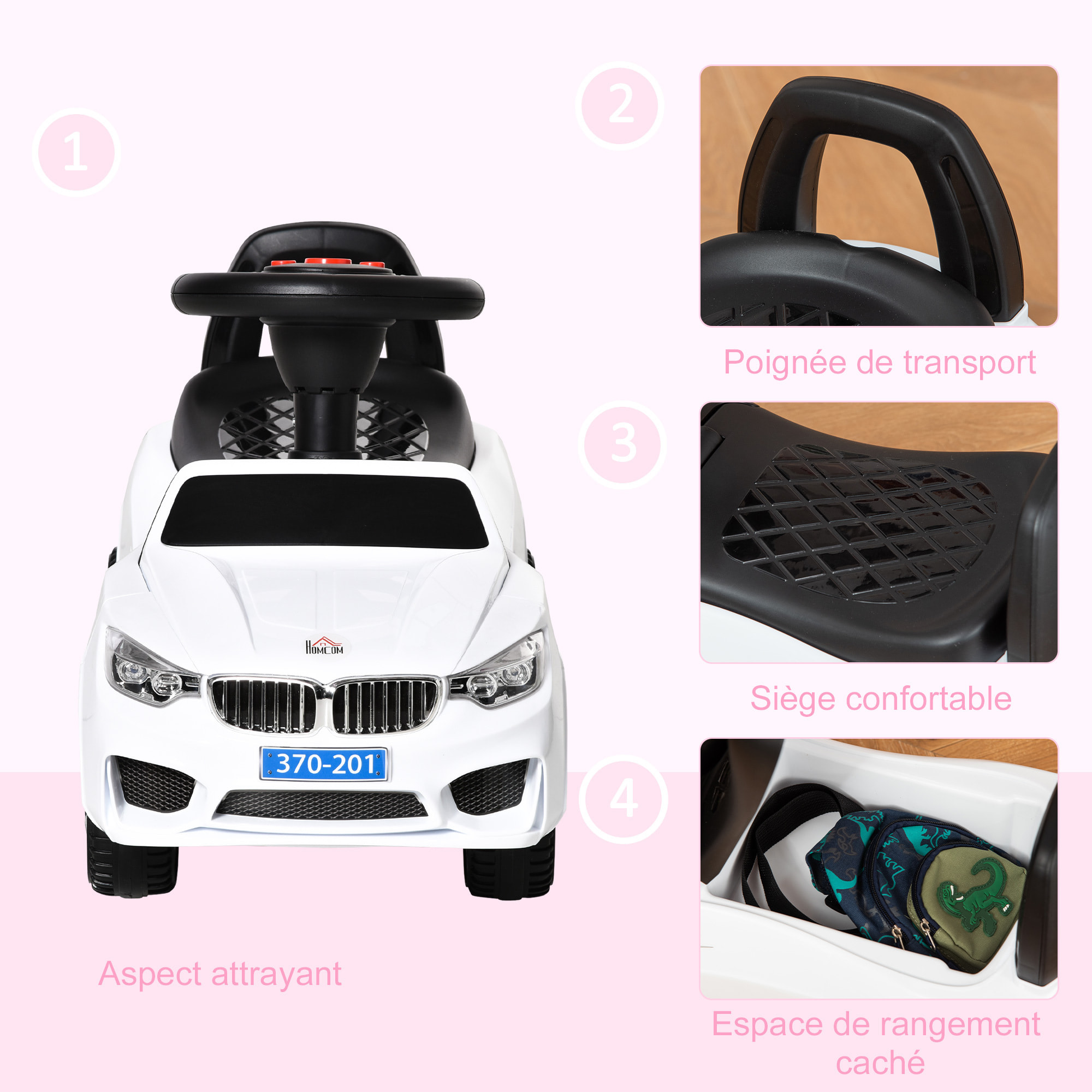 Porteur enfant voiture 18-36 mois assise coffre effets lumineux sonores blanc
