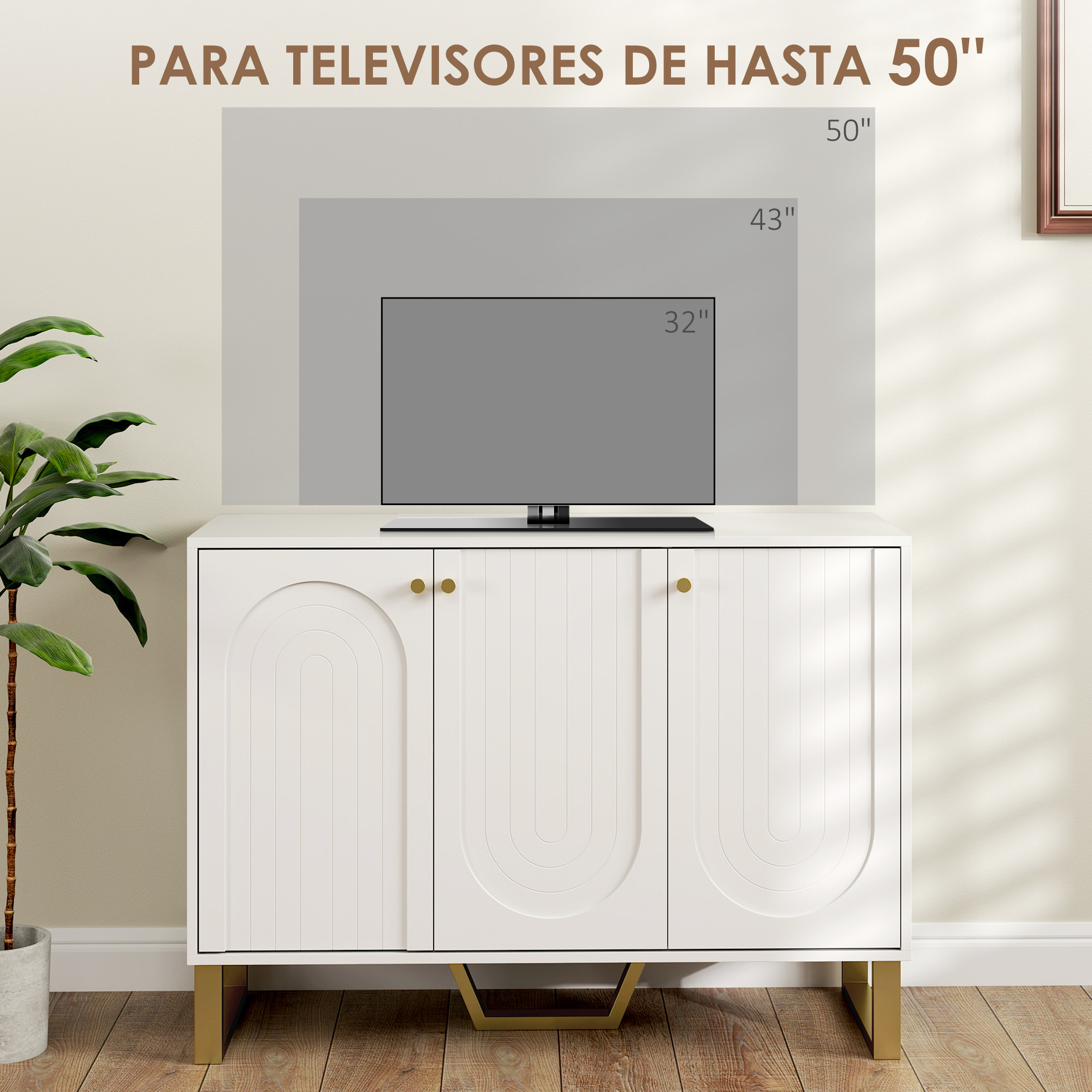 Aparador 3 Puertas Aparador para Salón Moderno con Estantes Ajustables y Patas Doradas para Comedor Entrada Mueble para TV hasta 50 Pulgadas Blanco 106,5x35x77,5 cm