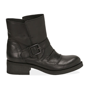 Biker boots neri con fibbia in pelle, tacco 4 cm