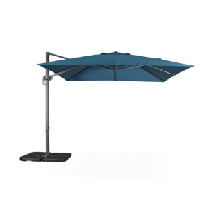 Parasol déporté carré bleu canard 3x3m structure grise + Lot de 4 dalles à lester 50x50cm