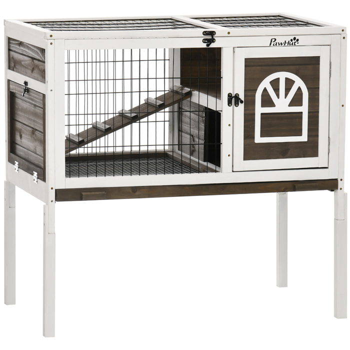 Clapier cage à lapin - 2 portes verrouillables, toit ouvrant, plateau excrément - bois foncé blanc