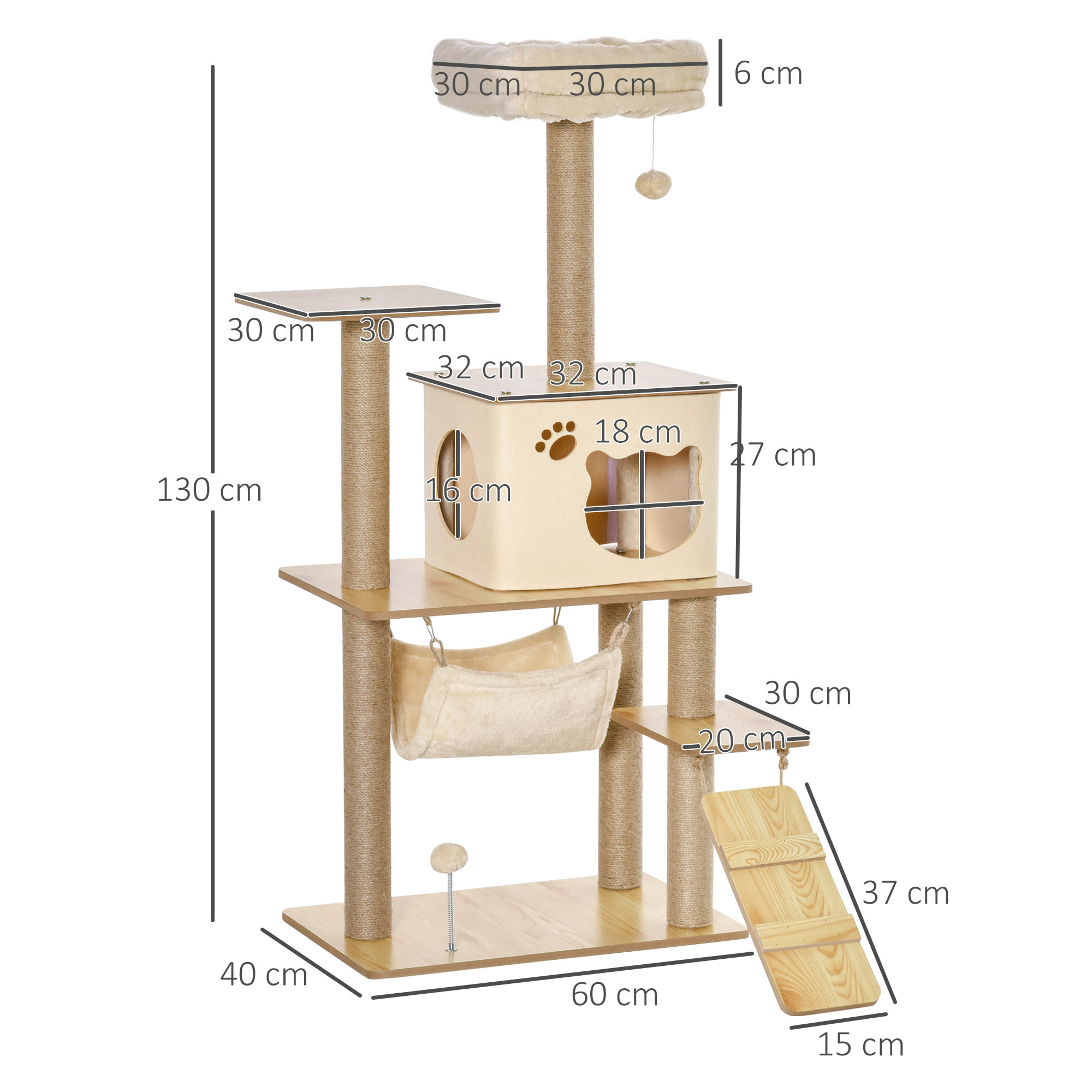 Árbol Rascador para Gatos Torre de Escalada con Plataformas Hamaca Escalera Cueva Postes para Rascar de Yute Bola Colgante Juego y Descanso 60x40x130 cm Beige