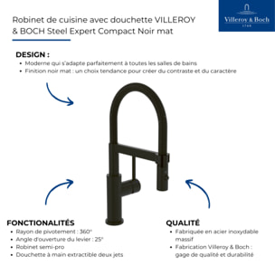 Robinet de cuisine avec douchette VILLEROY & BOCH Steel Expert Compact Noir mat