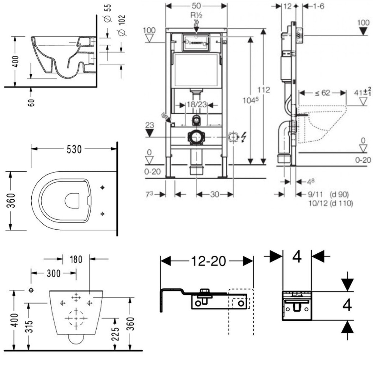 Pack WC Bâti-support + WC sans bride Serel SP26, fixations invisibles + Plaque blanche