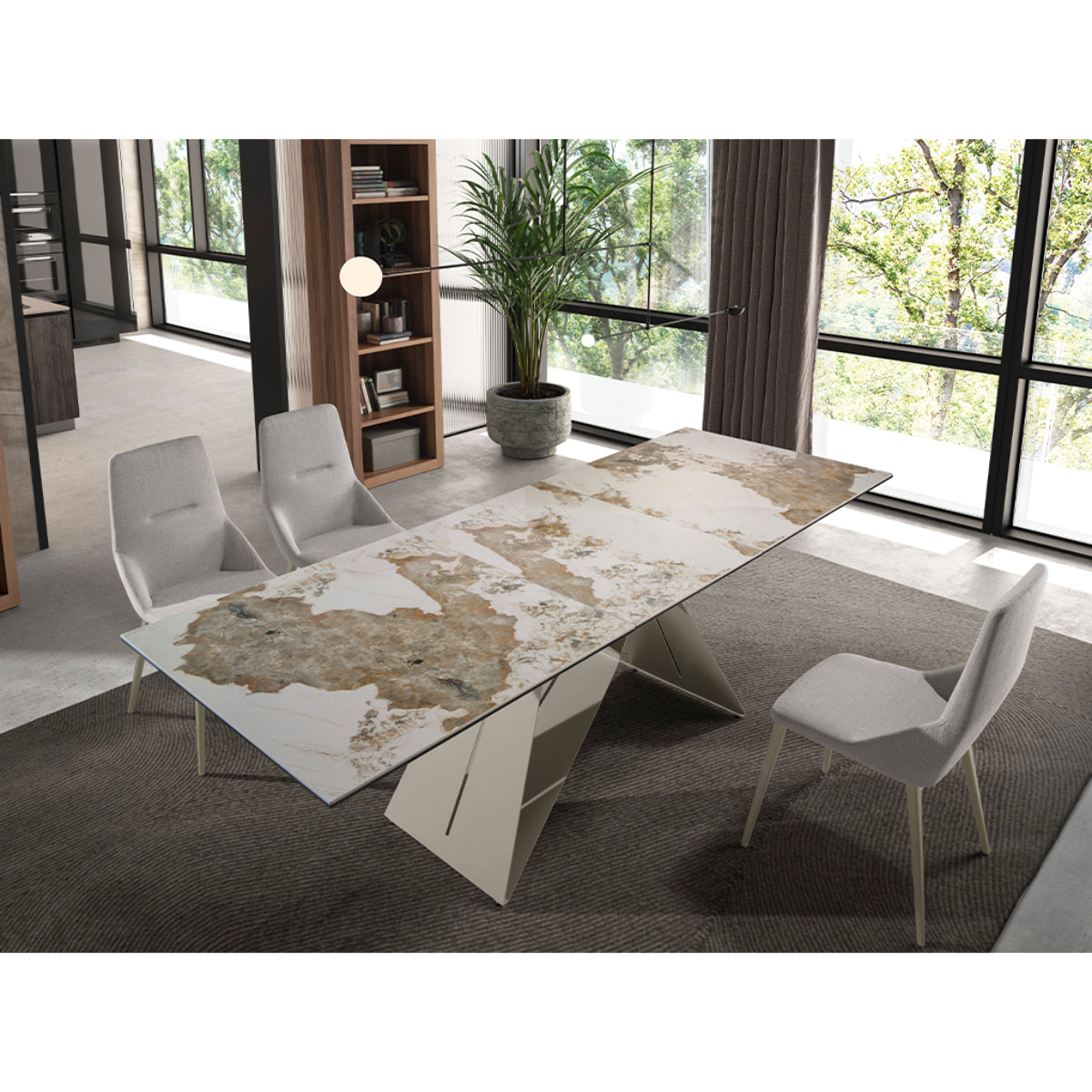 Mesa comedor extensible rectangular con tapa de mármol porcelánico blanco con vetas en tonos tierra en acabado brillo 180x90x76cm