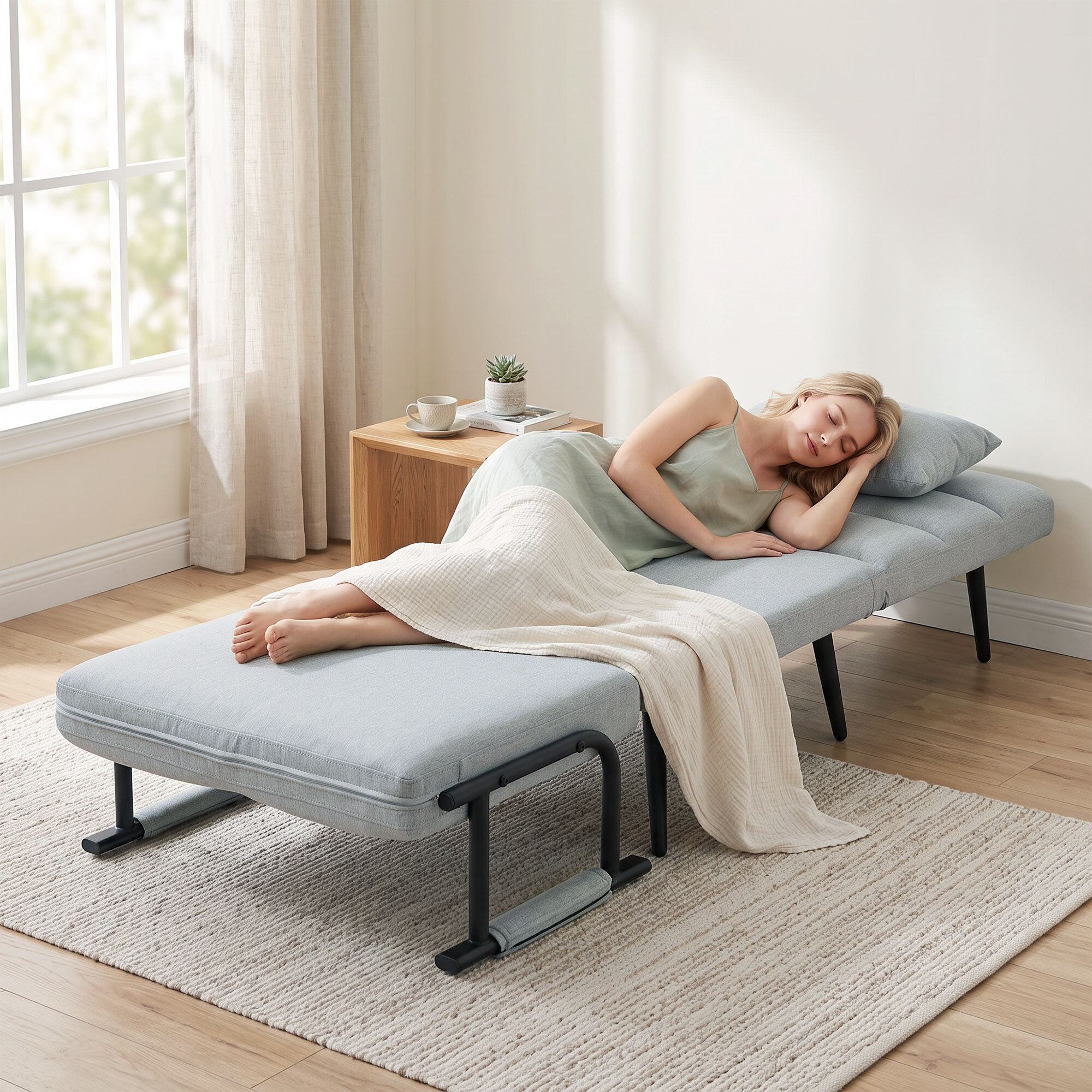Sofá Cama 1 Plaza Convertible, 3 en 1, Sillón Cama Plegable, Tapizado en Lino, Respaldo Ajustable, Almohada con Funda Lavable, para Salón, Dormitorio, 67x73x96 cm, Gris Claro