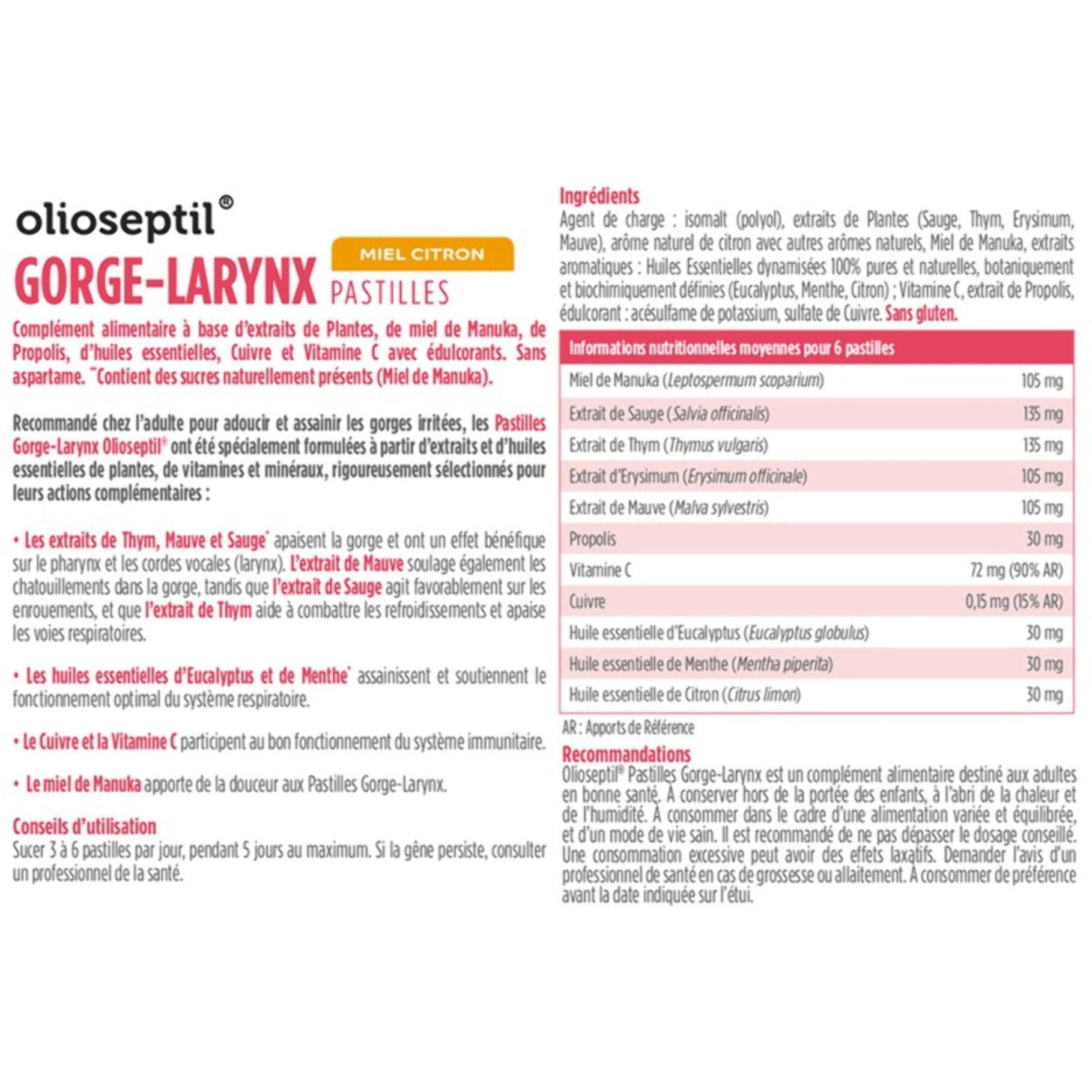 OLIOSEPTIL - Pastilles à Sucer Gorge-Larynx - Apaise et Assainit la Gorge - Sans Sucres Ajoutés - Extraits de Plantes, Vitamine C, Cuivre et Huiles Essentielles - 24 Pastilles