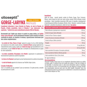 OLIOSEPTIL - Pastilles à Sucer Gorge-Larynx - Apaise et Assainit la Gorge - Sans Sucres Ajoutés - Extraits de Plantes, Vitamine C, Cuivre et Huiles Essentielles - 24 Pastilles