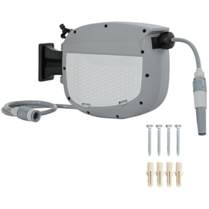 Enrollador de Manguera para Jardín 10+1 m con Boquilla de 2 Modos, Carrete de Manguera de Jardín de Pared con Bloqueo Automático y Retracción Controlada, Soporte Orientable 180°, Gris