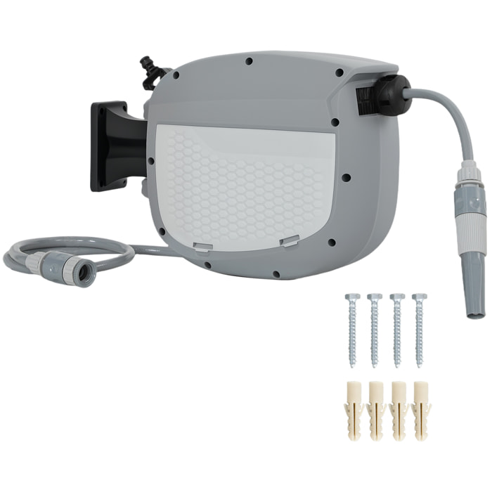 Enrollador de Manguera para Jardín 10+1 m con Boquilla de 2 Modos, Carrete de Manguera de Jardín de Pared con Bloqueo Automático y Retracción Controlada, Soporte Orientable 180°, Gris