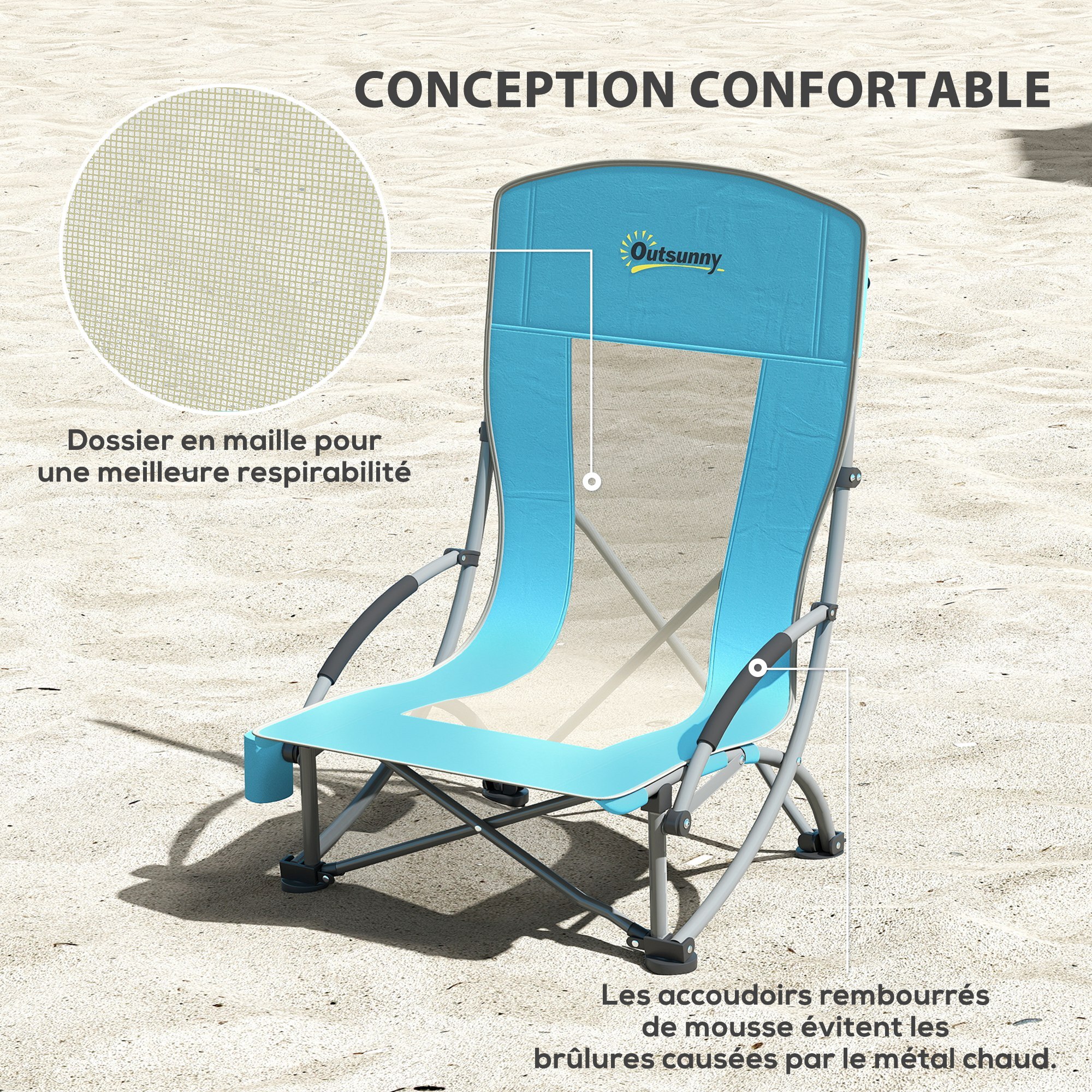 Lot de 2 chaises de plage pliantes - chaise de camping compacte légère poids net 2,7 Kg - métal polyester textilène bleu
