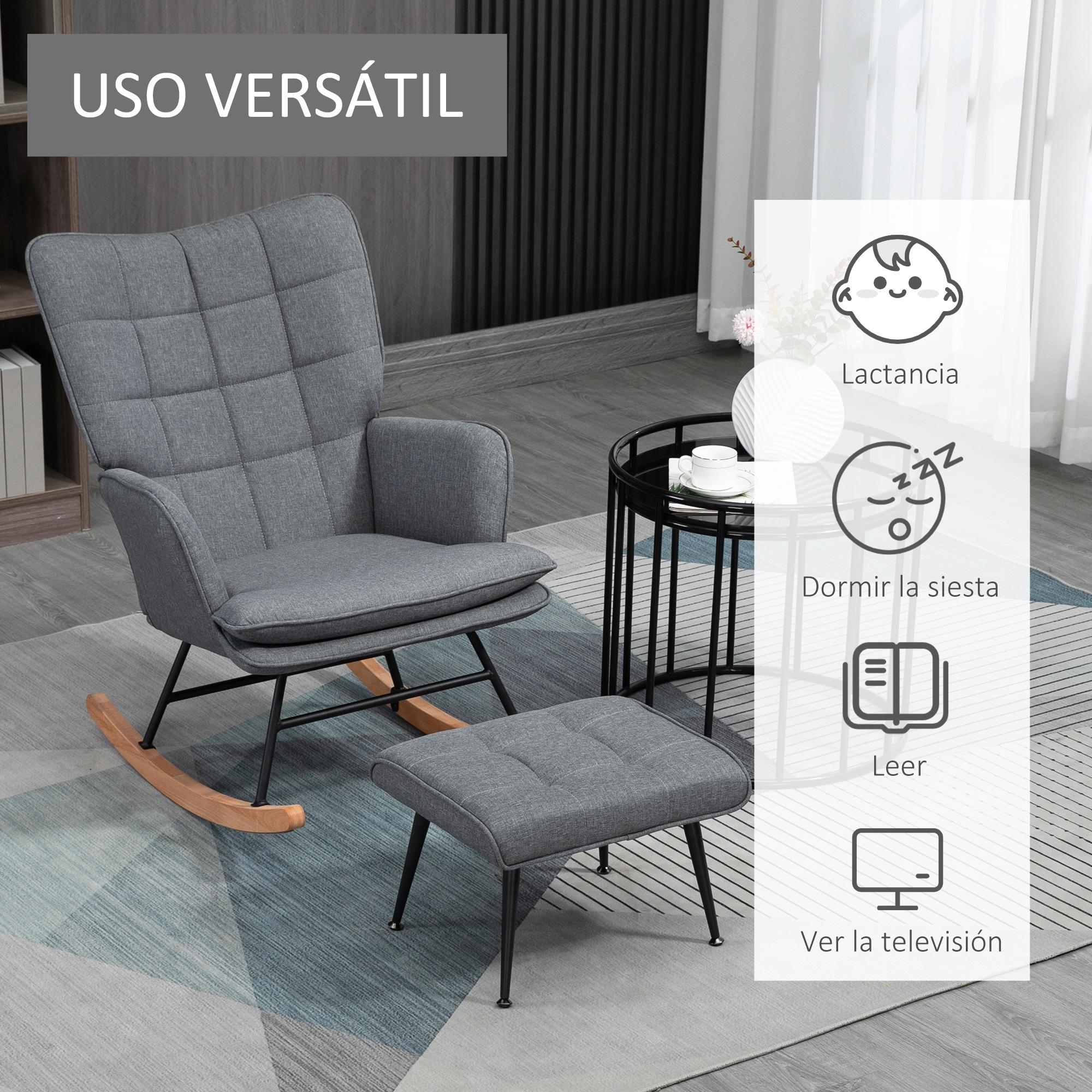 Silla Mecedora con Reposapiés Sillón de Relax Silla Ocio con Cojín Acolchado y Antivuelco Carga 130 kg para Salón Dormitorio Balcón 64x89x90 cm Gris