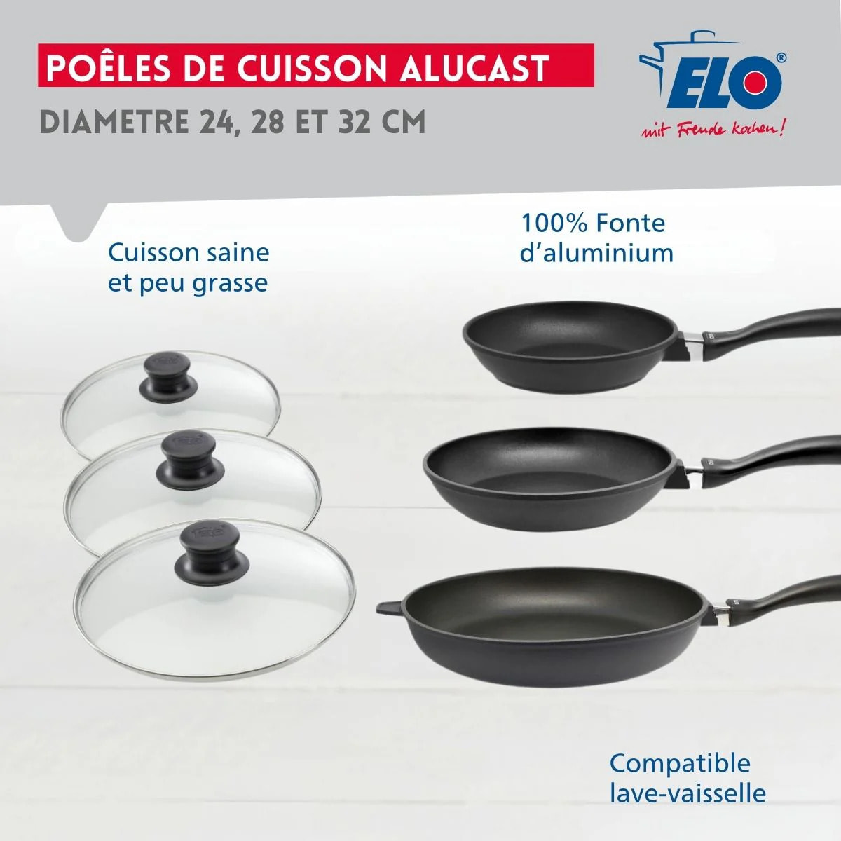 Set de 3 poêles 24 cm 28 cm et 32 cm et couvercles sans PFAS Elo Alucast