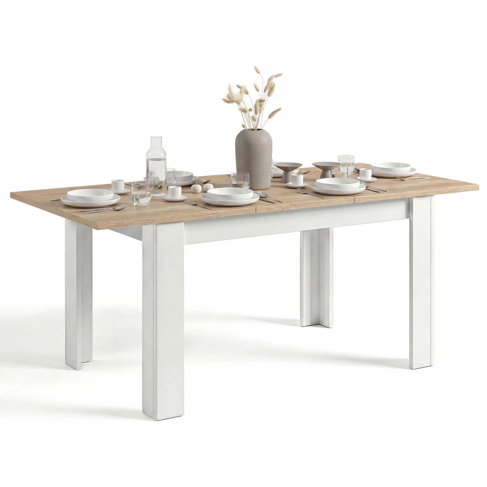 Mesa de comedor extensible en blanco artik y roble canadian 123-173x75 cm Sira Blanco Artik (Blanco Mate) - Roble Canadian