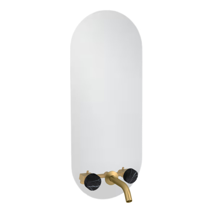 Miroir LED ovale 3 trous + mélangeur lavabo encastré 3 trous Grands Boulevards marbré orage et laiton brossé