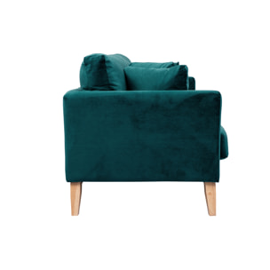 Canapé scandinave déhoussable 3 places en tissu velours bleu pétrole et bois clair OSLO