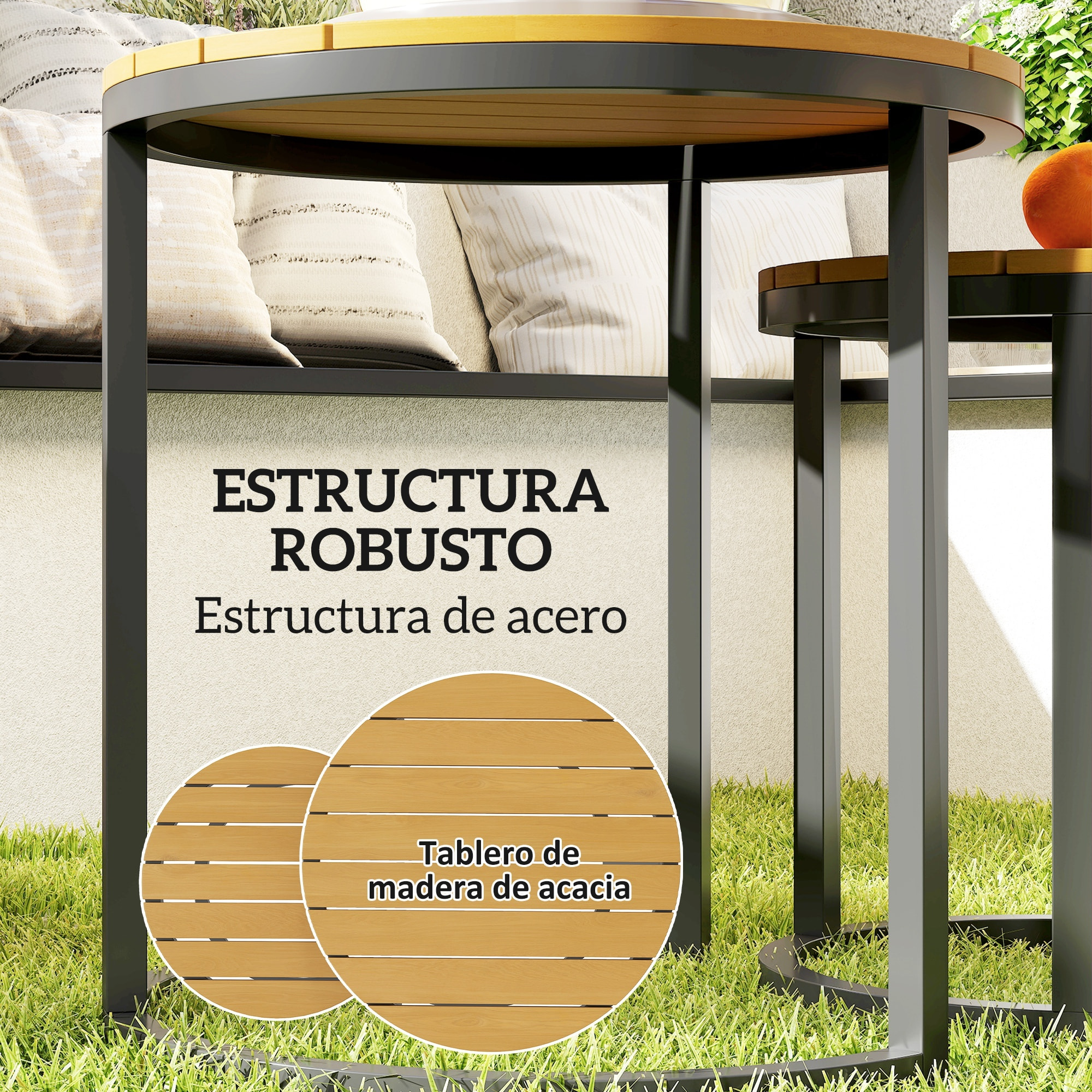 Juego de 2 Mesas de Jardín con Encimera de Madera de Acaica Diseño Listones Mesas Auxiliares de Jardín Nido con Marco de Acero y Pies Ajustables para Balcón Terraza Patio Teca y Negro