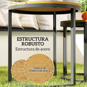 Juego de 2 Mesas de Jardín con Encimera de Madera de Acaica Diseño Listones Mesas Auxiliares de Jardín Nido con Marco de Acero y Pies Ajustables para Balcón Terraza Patio Teca y Negro
