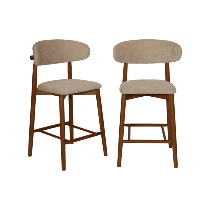 Tabouret de bar bois d'hévéa noyer et tissu chenille (lot de 2)  PAOLA