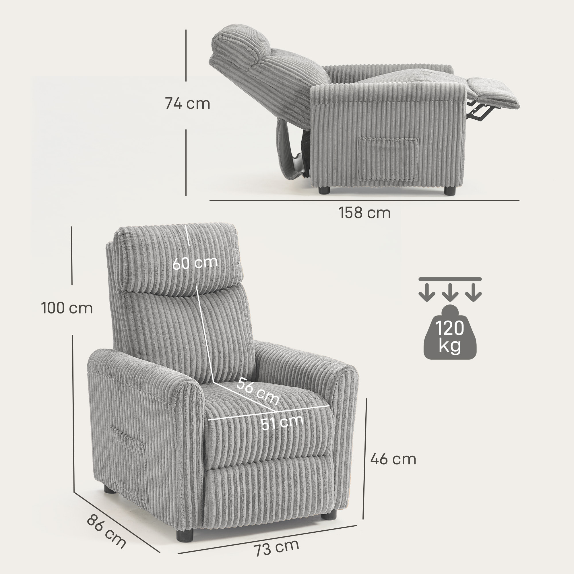 Sillón Relax Reclinable, Sillón Reclinable Manual, Tapizado en Pana, Instalación Rápida, Reposapiés, Acolchado Grueso, para Salón, Dormitorio, Oficina, Gris Claro