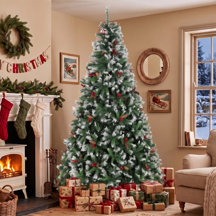 HOMCOM Árbol de Navidad 240 cm, Árbol de Navidad Artificial Nevado con 1773 Ramas, Bayas Rojas, Piñas, Base de Acero Plegable, Montaje Rápido, Decoración Navideña para Salón, Interior, Verde