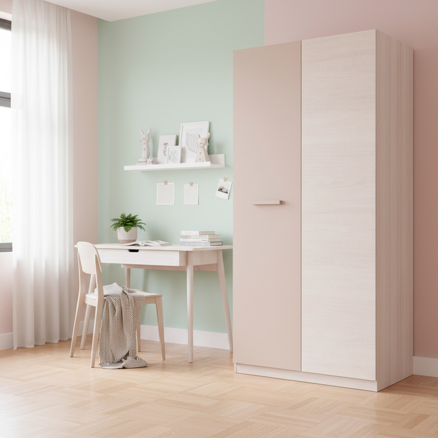 Armadio 2 Ante Battenti Barra Appendiabiti E 4 Scomparti Design Moderno Minimal Giovanile Per Cameretta 90 x 200 x 52 Cm Colore Beige E Rovere