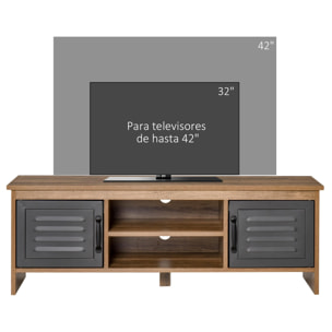 Mueble de TV para Televisores de 42'' con 2 Compartimentos Cerrados con Puertas de Metal y 2 Estantes Abiertos Mueble de salón moderno Mesa para televisor 109x35x38 cm Madera Natural y Gris