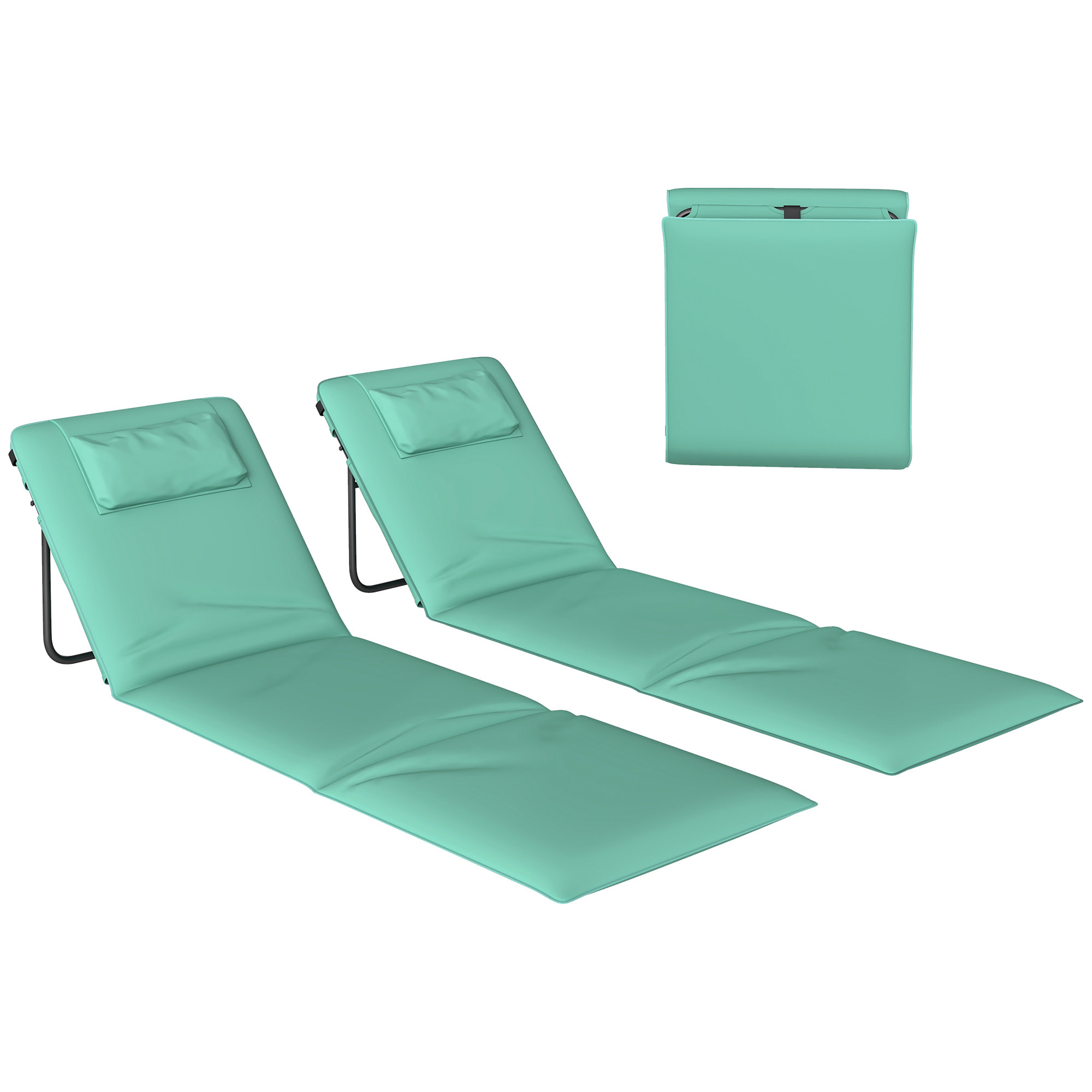 Conjunto de 2 Esterillas de Playa Plegable, Esteras Portátil con Respaldo Ajustable, Reposacabezas Acolchado Tela Oxford 600D y Estructura de Metal, para Jardín, 146x50x2 cm, Verde