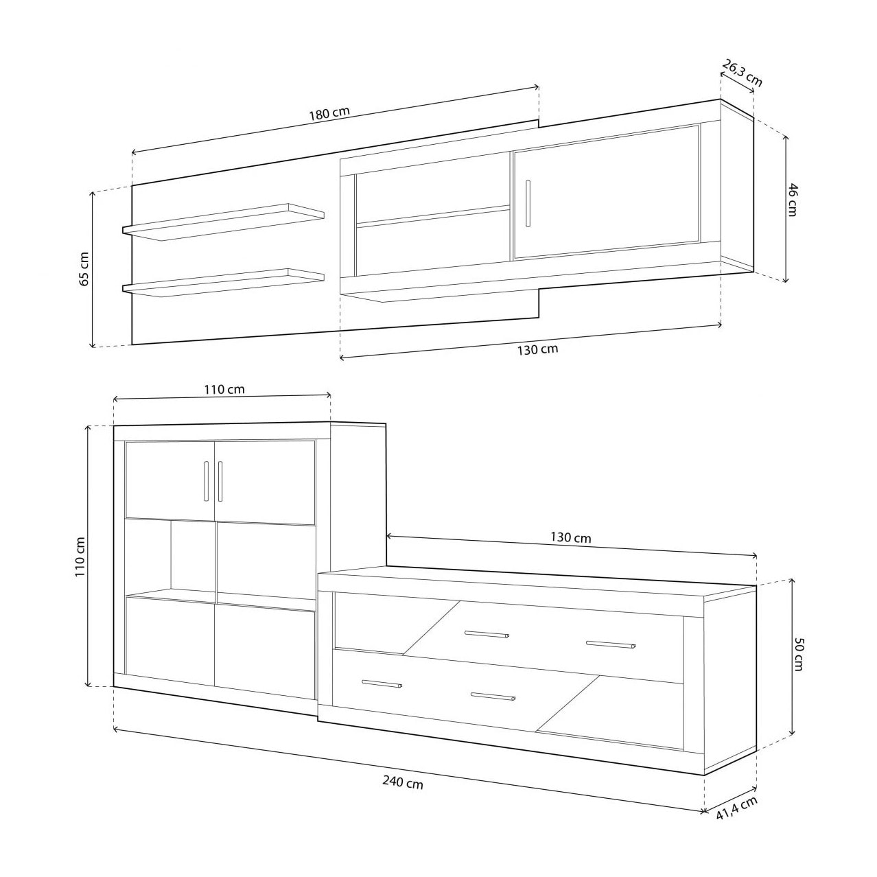 Salón modular con gran capacidad de almacenaje en cambria y grafito 240 cm Nuka V3 Cambria - Grafito