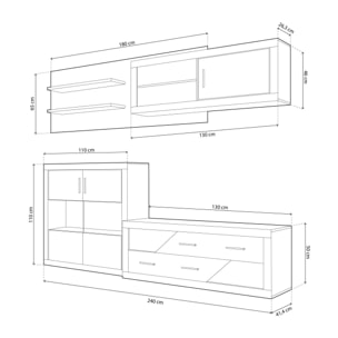 Salón modular con gran capacidad de almacenaje en cambria y grafito 240 cm Nuka V3 Cambria - Grafito