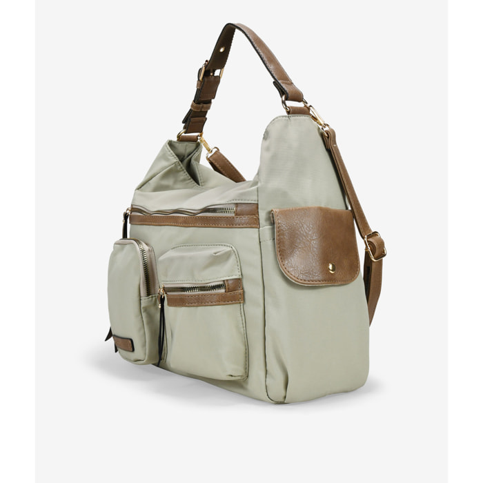 Bolso de hombro taupe en nailon con bolsillos