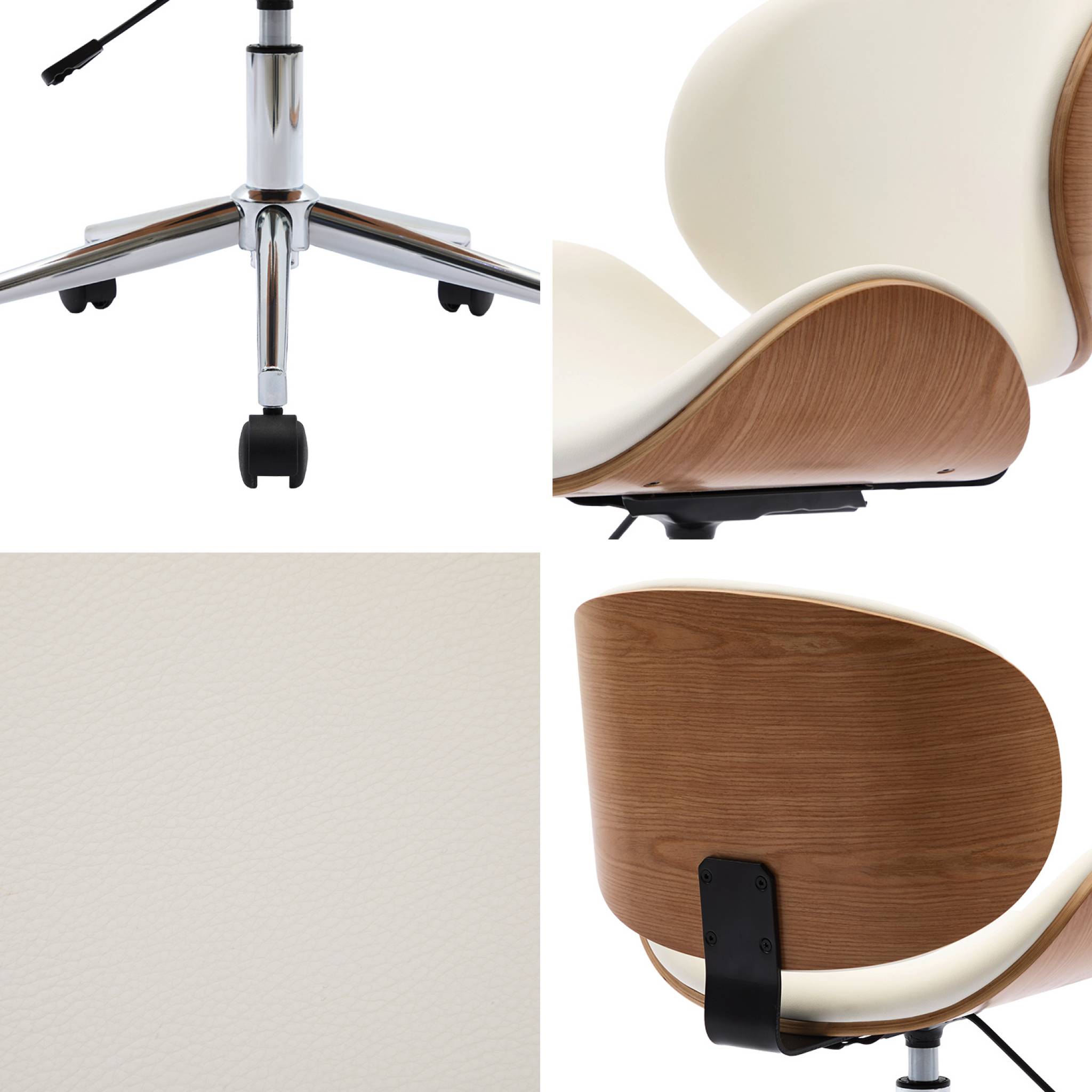 Chaise de bureau à roulettes bois courbé avec placage effet chêne et assise blanche