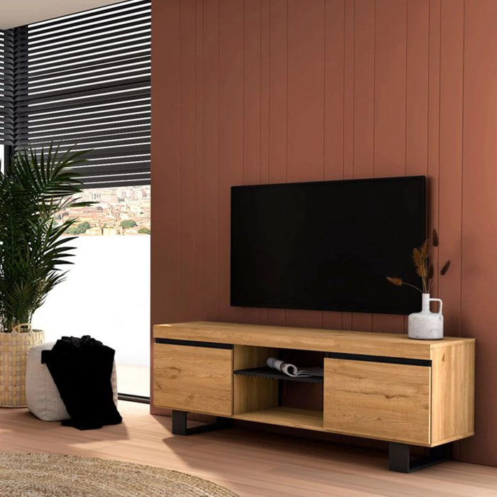 Mueble TV con patas y almacenamiento en roble nude y ceniza 140 cm Ebos UP Roble Nude - Ceniza
