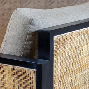 Canapé 3 places en tissu taupe structure en rotin et bois  TONKIN
