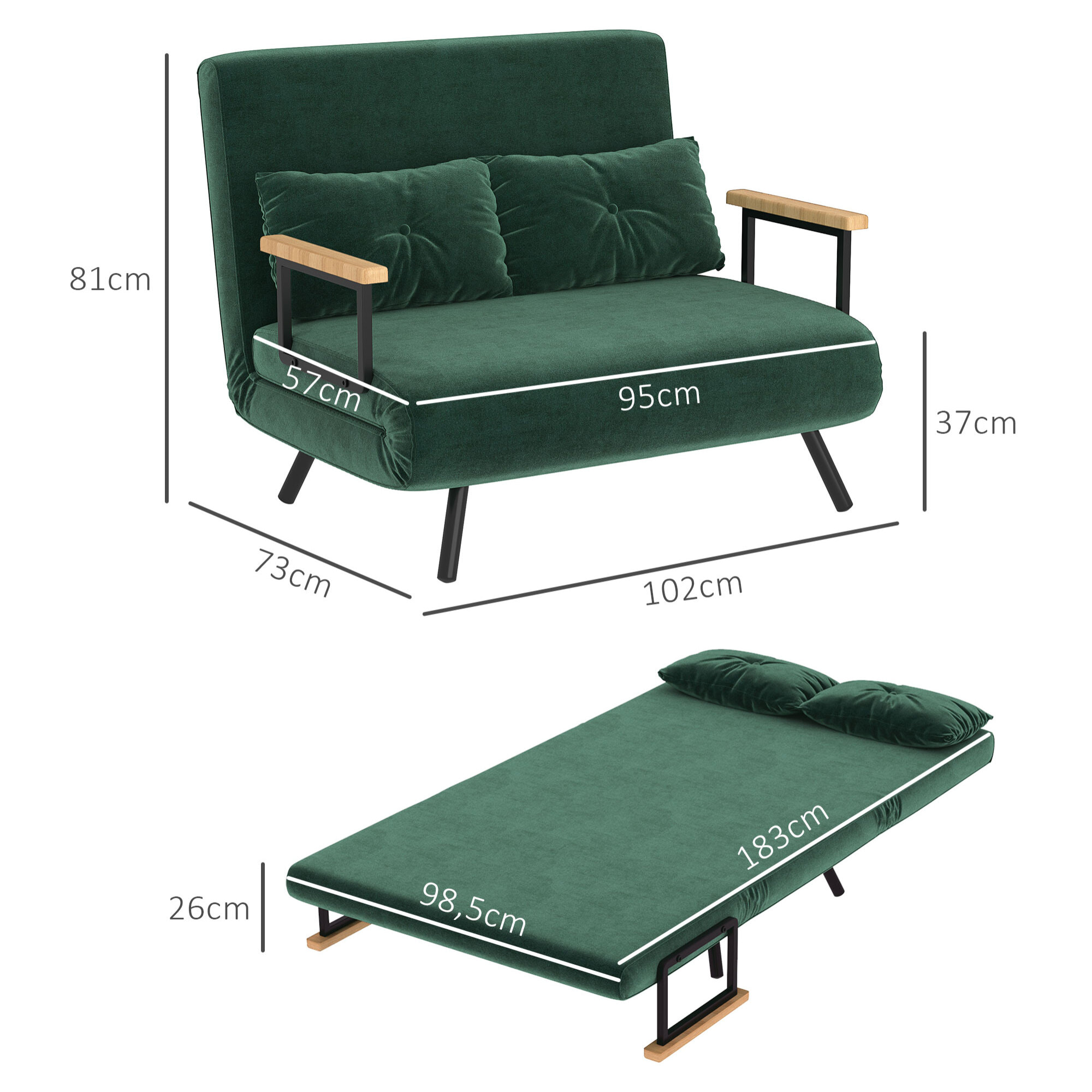 Sofá Cama de 2 Plazas Sofá Cama Plegable Tapizado en Terciopelo con Respaldo Ajustable de 5 Niveles y 2 Almohadas Acolchadas para Oficina Dormitorio Salón 102x73x81 cm Verde