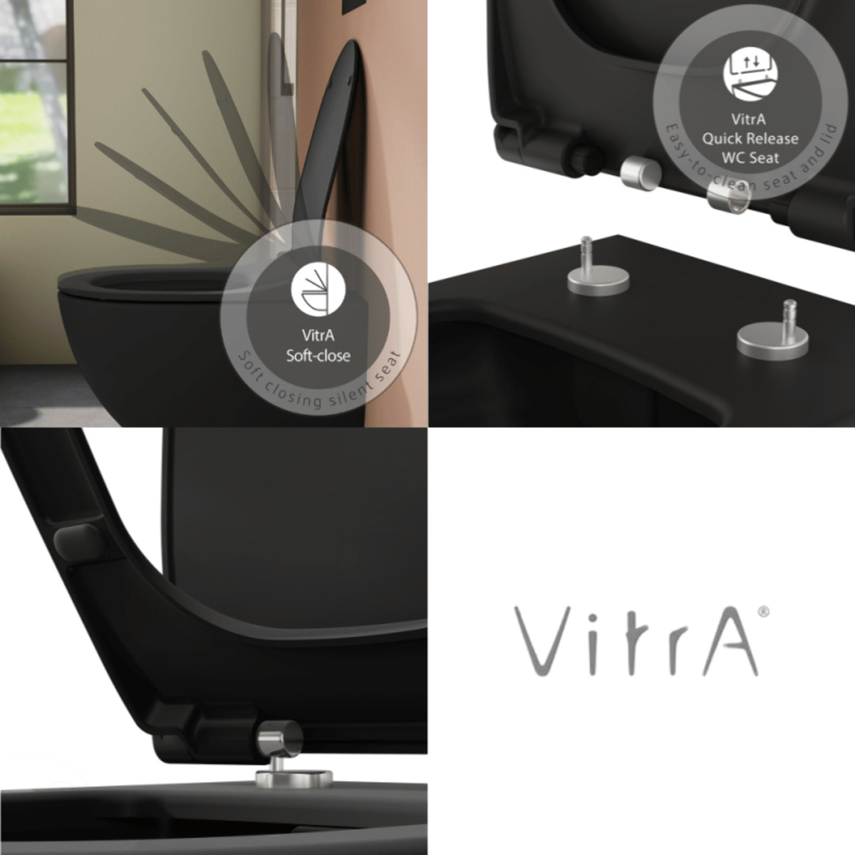 Cuvette suspendue sans bride Sento noir mat + abattant frein de chute déclipsable