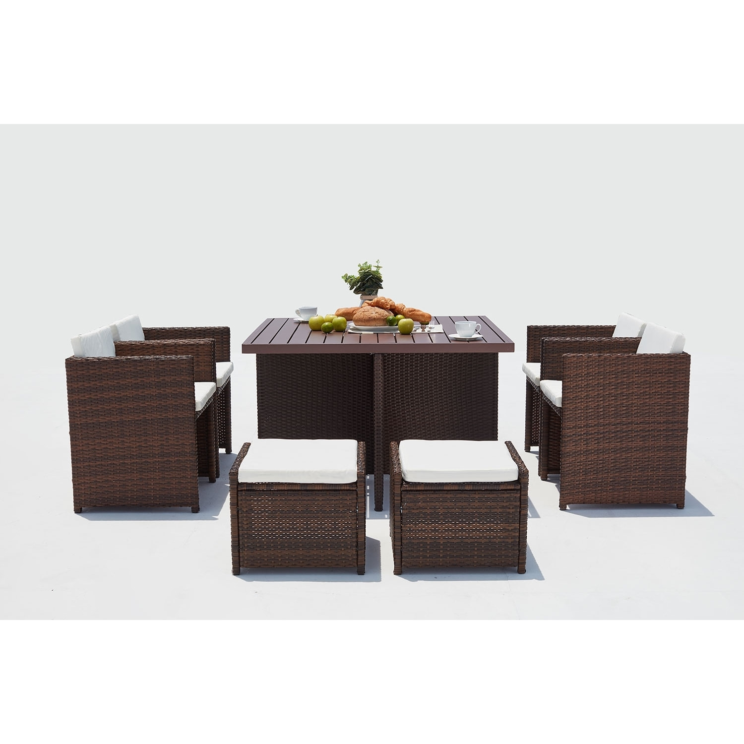 Table et chaise 8 places encastrables alu résine marron-blanc ABASA