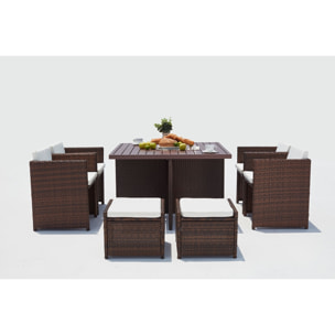 Table et chaise 8 places encastrables alu résine marron-blanc ABASA