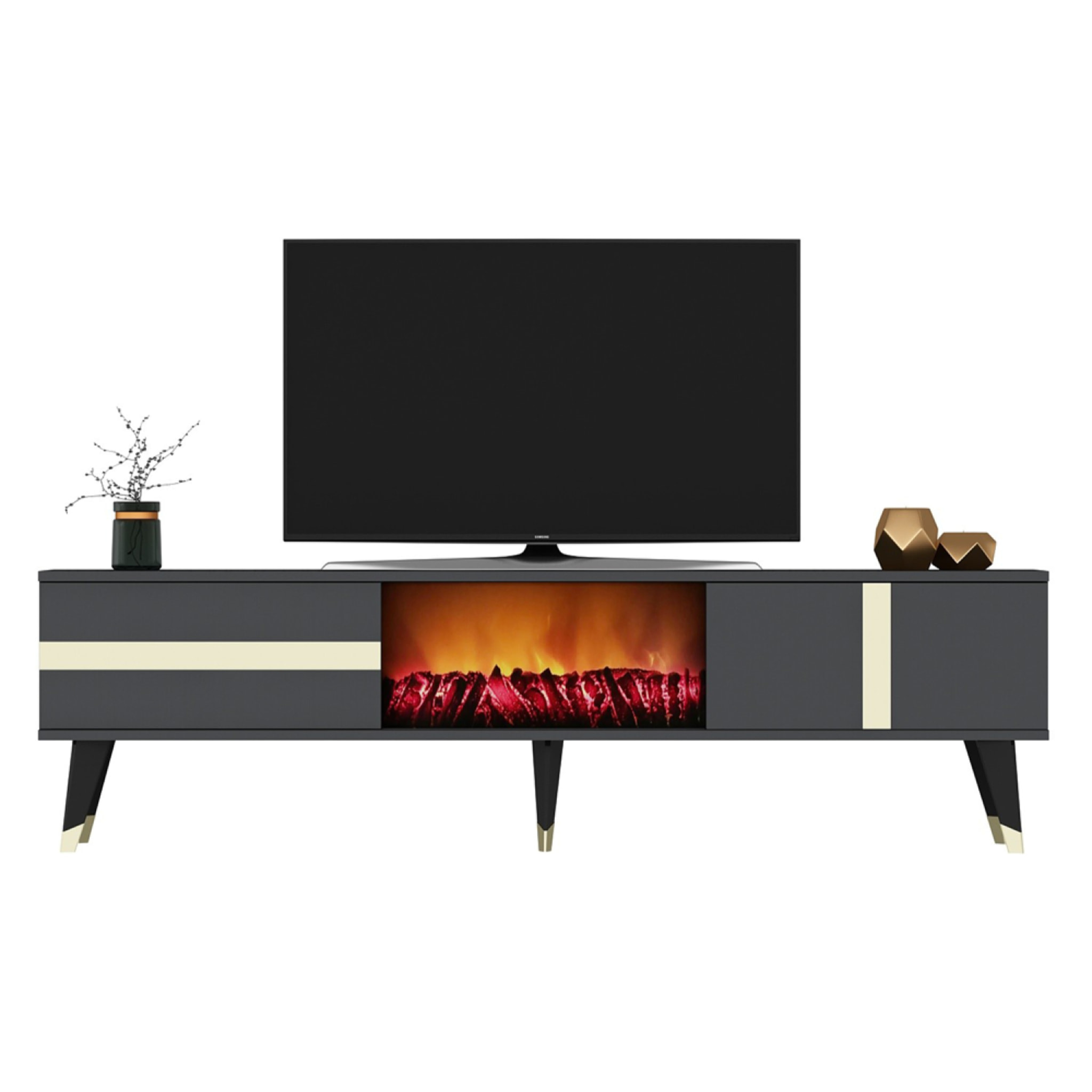 EASTSIDE Meuble TV sur pieds avec cheminée LED 150cm gris anthracite et détails dorés