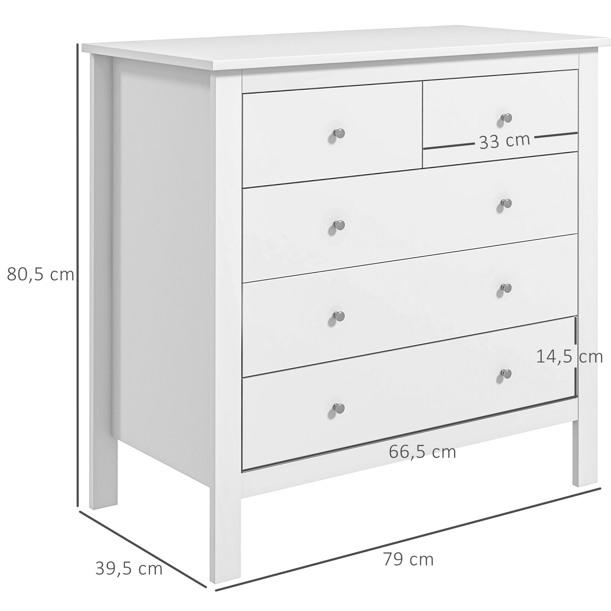 Commode 5 tiroirs style contemporain dim. 79L x 39,5l x 80,5H cm poignées boutons métal MDF blanc