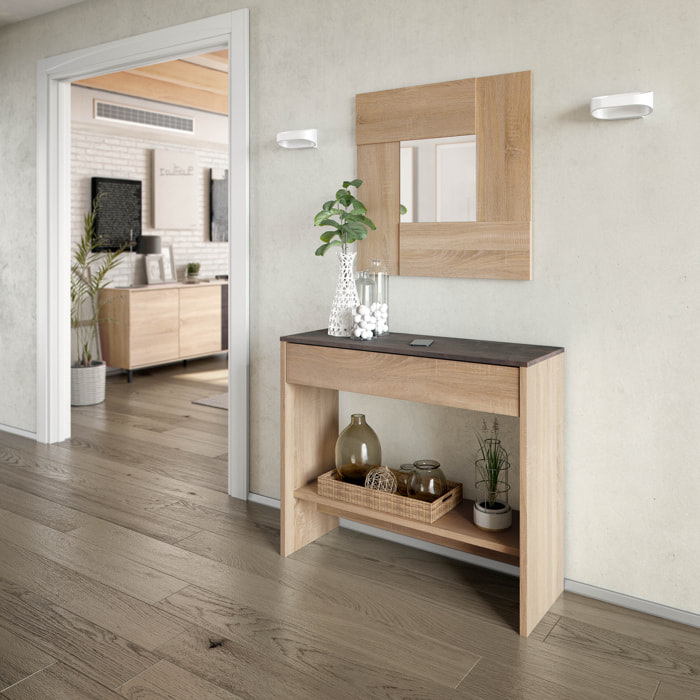 Consolle Mobile Ingresso Con Cassetto Ripiano E Specchio Quadrato Design Salvaspazio Moderno Per Soggiorno Camera Cameretta 92x33x79 cm Rovere