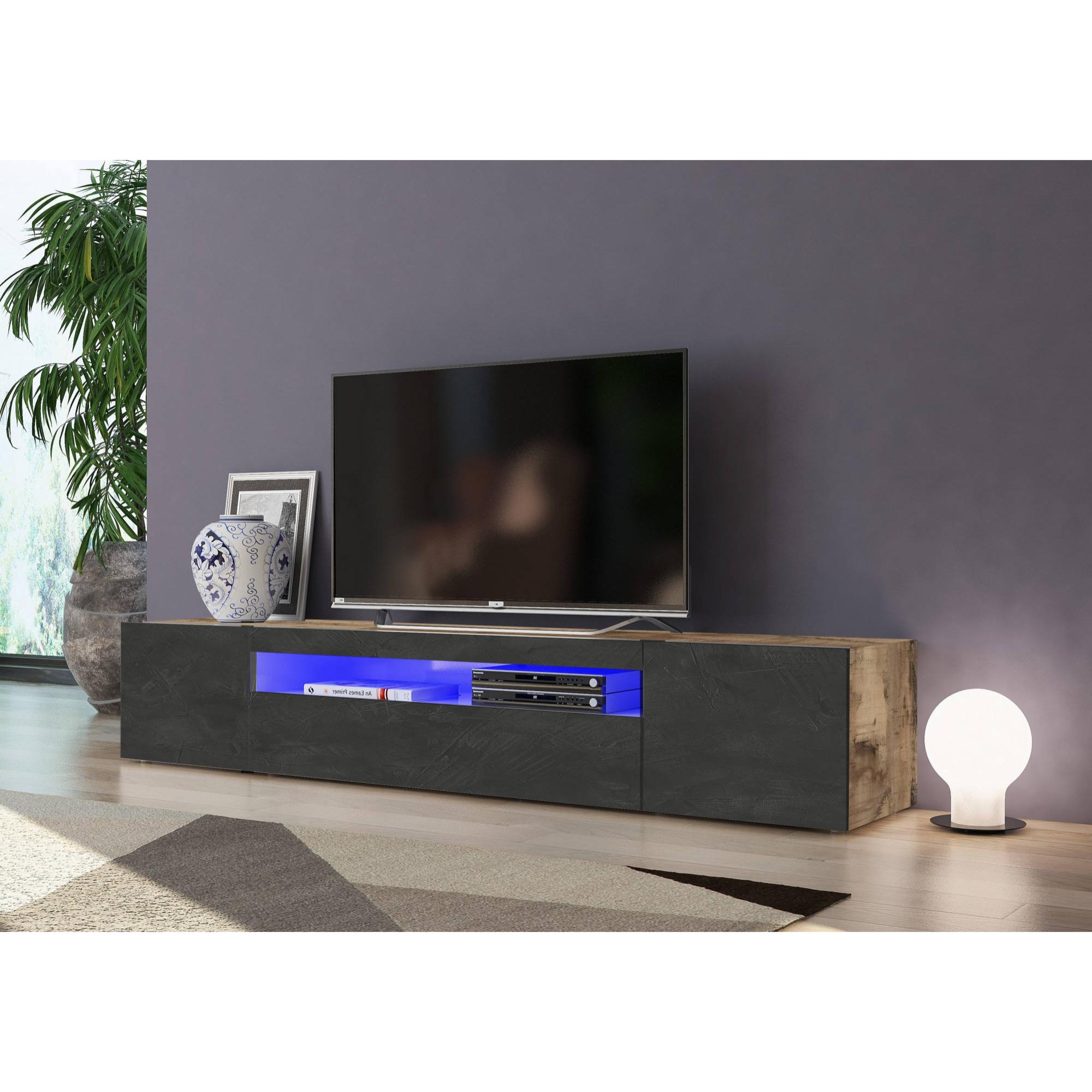 Mobile da soggiorno Porta TV, Made in Italy, Supporto per TV da salotto a 3 ante e ripiani, cm 200x40h37, colore Acero e Ardesia, con luce LED blu