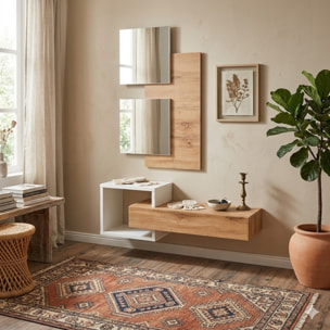 Set Ingresso Moderno Con Specchi Pensile A Giorno Mensola Con Cassetto Salvaspazio Mobile Da Parete 100 x 160 x 30 Cm Bianco E Rovere