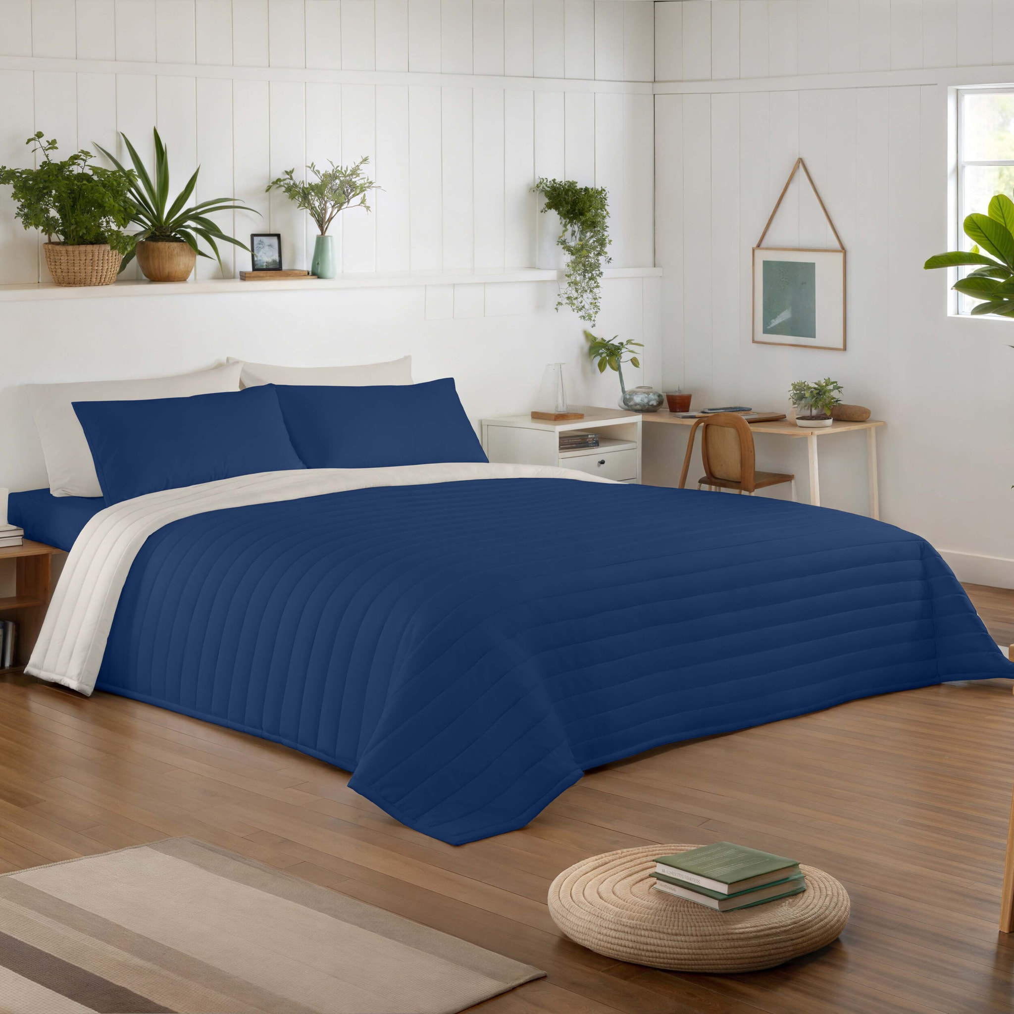 Icehome - Colcha Bouti - Lisa - Reversible - 100% Microfibra - 70 gr/m² - Azul 1/L198 Piedra