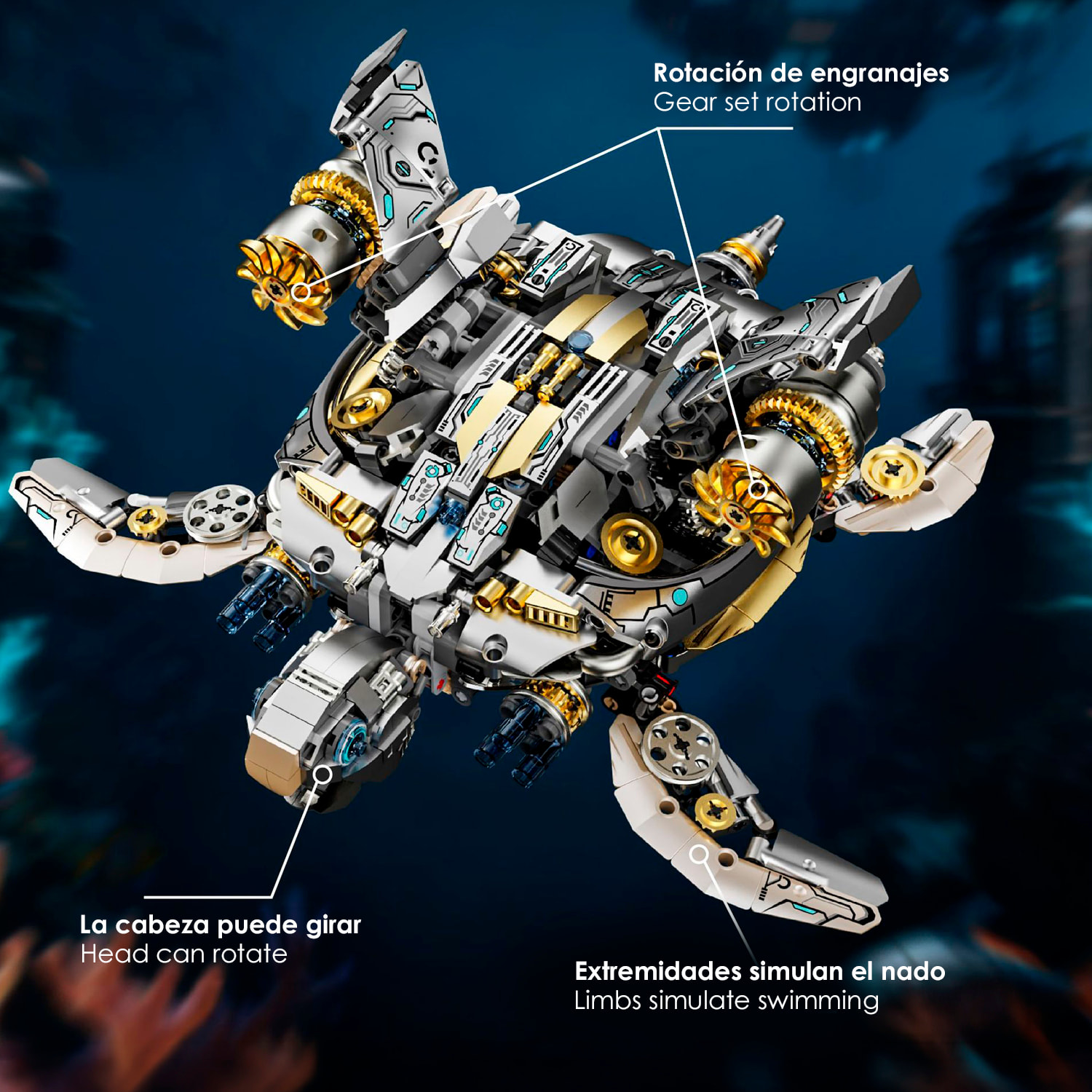 Maqueta 3D mecanizada de tortuga con 1277 piezas, equipada con luces y mecanismo de manivela que permite movimiento dinámico.