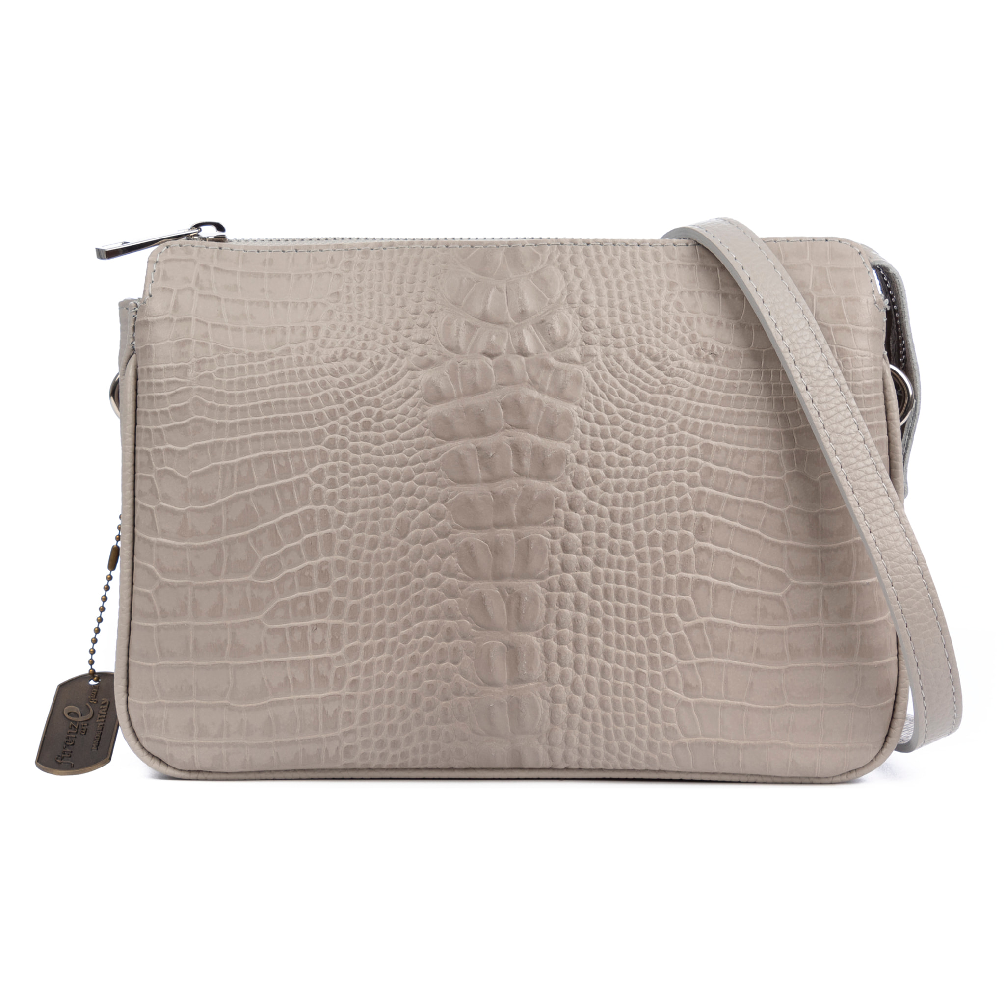 FIRENZE ARTEGIANI Borsa a tracolla dollaro in vera pelle con frontale inciso coccodrillo Made in Italy 25x14x18 Cm. Grigio