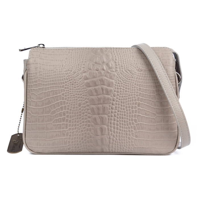FIRENZE ARTEGIANI Borsa a tracolla dollaro in vera pelle con frontale inciso coccodrillo Made in Italy 25x14x18 Cm. Grigio